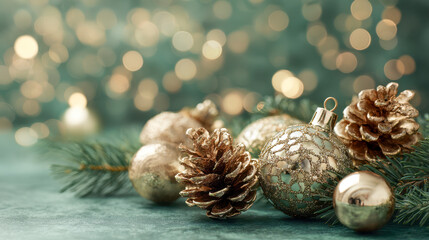 Festive golden pine cones and glittering decorative baubles arranged with evergreen branches against a softly blurred warm light background for holiday celebration