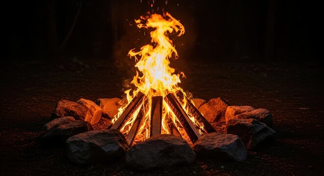 Bright orange flames of a large campfire burning fiercely at night in a stone fire pit. - Powered by Adobe