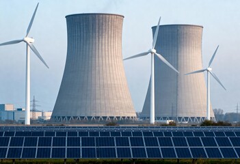 Solar farm and wind power generators juxtaposed against large cooling towers of a nuclear or coal power plant.