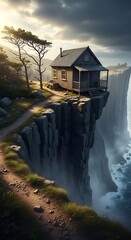 Rustic Cabin Perched Precariously on a Dramatic Cliff Edge Overlooking the Ocean.