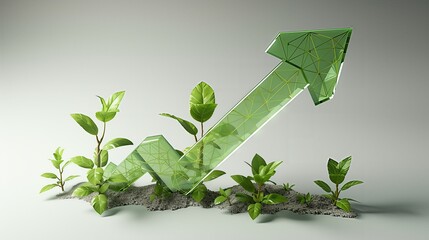 Solid Green Growth and Environmental Recovery: Crystal arrow rising from soil and seedlings, symbolizing Sustainable Investment Germination and Foundation.
