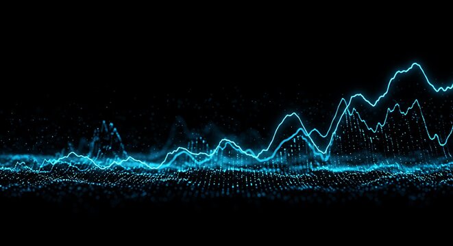 Abstract visualization of a dynamic blue waveform or data stream rising and falling against a stark black background, suggesting fluctuating trends