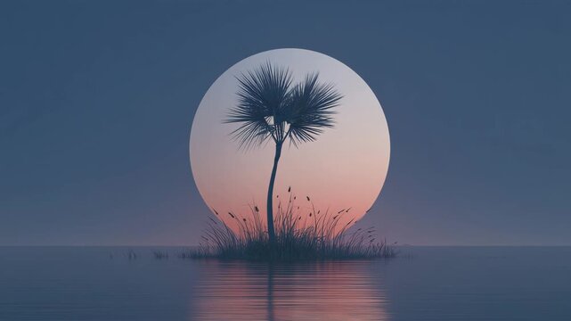 無人の小島のヤシの木、青い時間帯の空が静かな水面に映る
