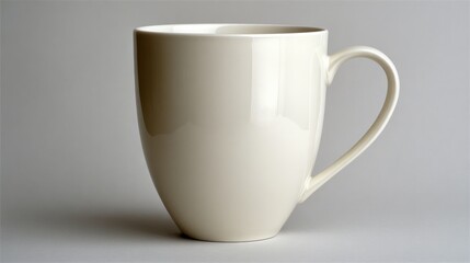 Studio shot of a off white ceramic coffee mug with a handle on a grey gradient background