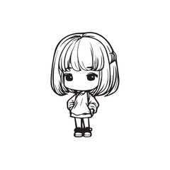 Fototapeta premium Beautiful Kawaii Girl Black and White Vector Illustration in Cute Simple Line Art Style