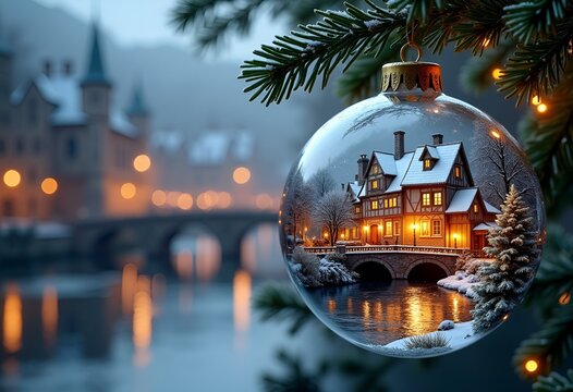 Inside the glass ball, there is a winter town with roofs covered in fresh snow, warm golden windows, small houses of different heights, a stone bridge over a river, and fir trees with lights.