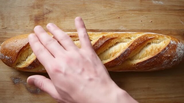 A hand gently touches a crusty loaf of bread on a wooden surface