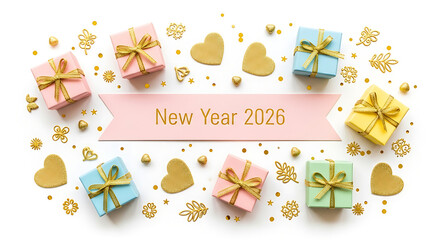 Modern holiday announcement for New Year 2026, showcasing a border of small gift boxes and sparkling gold accents on a clean white surface.
