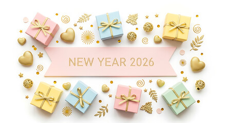 Vibrant New Year 2026 greeting using a top-down view of six pastel presents and assorted shimmering gold heart and star decorations.
