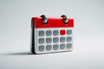 3d rendered desktop calendar icon with red header and gray day squares with one day highlighted against a clean white background for scheduling and planning concepts