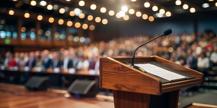 Microphone at the speech podium on blurred conference hall or seminar room background. High quality.conference, lecture, microphone, presentation, seminar, speaker, stage, talk, corporate, 
