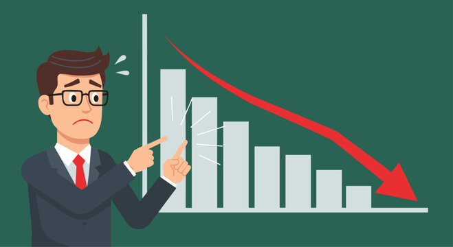 Worried businessman pointing at a declining sales graph, visualizing economic downturn and financial loss with a red arrow in a chart