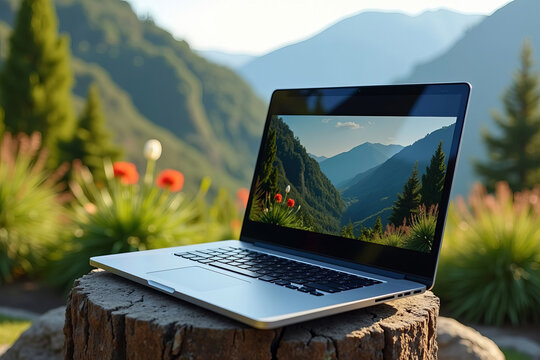Laptop Screen Capturing Virtual Training Session in Serene Natural Setting