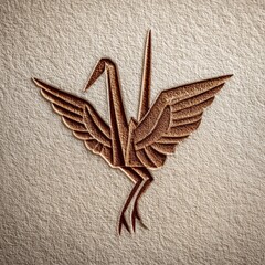 Fototapeta premium A metallic copper origami crane silhouette against a textured background.