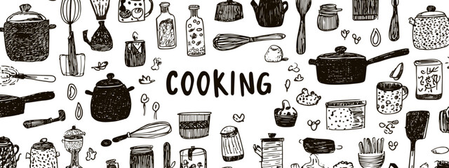 Black and White Kitchen Utensils and Ingredients Pattern with Cooking Theme Illustrations and Text