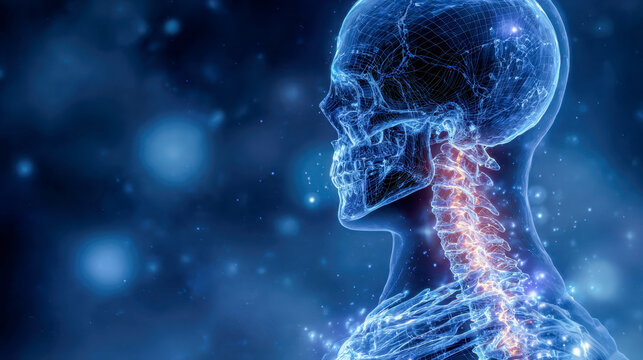 Detailed digital illustration of a human skull and cervical spine highlighting spinal nerves and vertebrae with glowing neural pathways in a futuristic blue backgrou