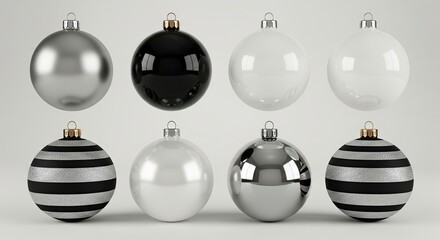 Black, White, and Silver Christmas Ornaments on Light Background, Festive Holiday Balls Decoration, 3D Rendering