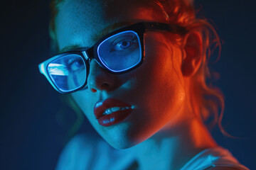 Futuristic woman with neon glasses glowing in the dark aesthetic portrait