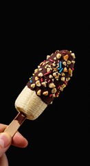 Delicious frozen banana dessert dipped in rich dark chocolate, garnished with colorful chopped nuts and sprinkles, presented as a chilled snack ,fresh ,summer ,white