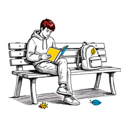 Student sitting on a bench reading a book in autumn during College Admissions  