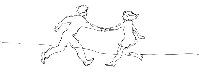 Obraz premium Minimalist Continuous Line Drawing of Boy and Girl Running Hand in Hand