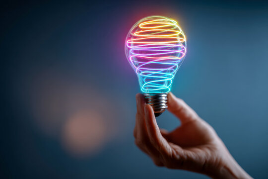 Hand holding a glowing decorative light bulb with colorful neon spiral filament symbolizing creative ideas and innovation on dark blurred background