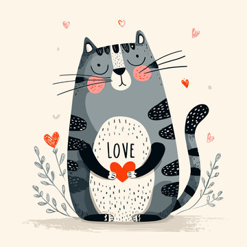 Cute Cat Holding a Heart &ndash; Love Illustration Card