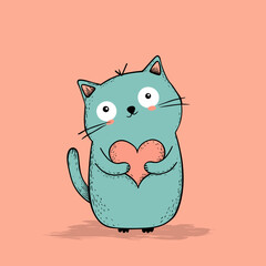 Cute Cat Holding a Heart – Love Illustration Card