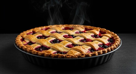 Delicious homemade berry pie, freshly baked with a golden lattice crust, showcasing vibrant mixed berries and a hint of steam. A perfect sweet treat ,summer ,colorful ,delicious