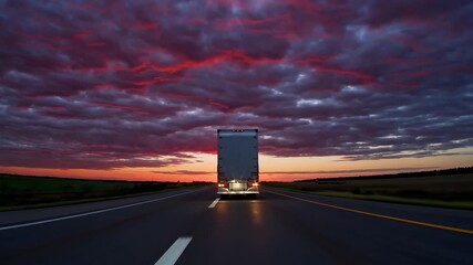 The truck is driving on the highway at sunset, transportation on the road.