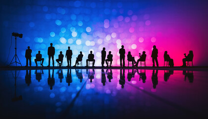 Blurred image of a television studio with silhouettes of people discussing talk show topics against an abstract blue-purple background.silhouette, woman, 