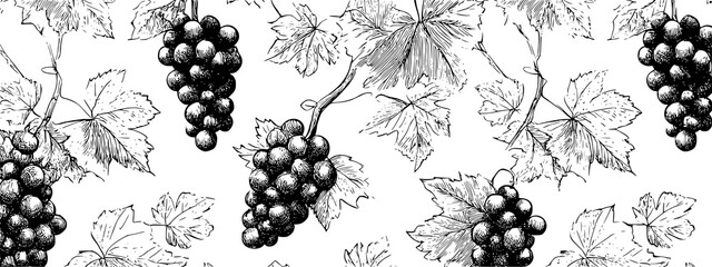 black and white seamless pattern with grapes and leafs vine brunch  © AI PIC