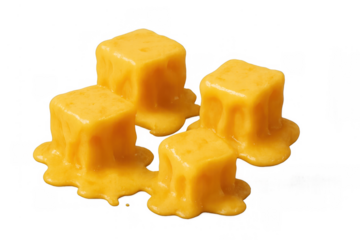 Melting cheese cubes creating gooey sauce on a transparent background, perfect for food concepts