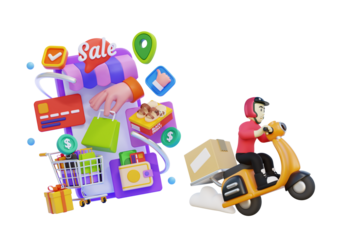 Delivery man on bike with mobile online store – e-commerce, online shopping and fast delivery concept – transparent PNG