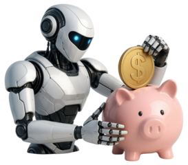 Advanced robot inserting a gold coin with dollar symbol into a pink piggy bank android artificial intelligence isolated on a transparent background