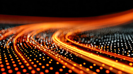 Abstract futuristic digital landscape with curved glowing orange light trails and intricate patterns of illuminated dots on a dark background creating motion effect