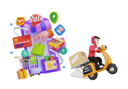 Delivery man on bike with mobile online store – e-commerce, online shopping and fast delivery concept – transparent PNG