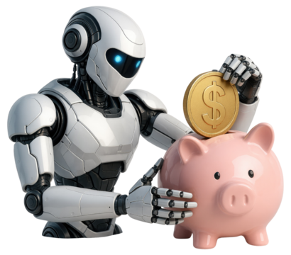 Advanced robot inserting a gold coin with dollar symbol into a pink piggy bank android artificial intelligence isolated on a transparent background