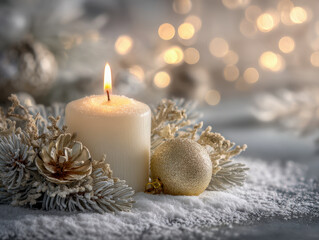 A glowing white candle surrounded by frosted pine cones and golden holiday ornaments resting on artificial snow with warm bokeh lights in the background