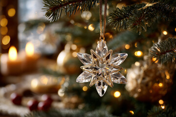 Crystal snowflake Christmas ornament glowing under lights.
