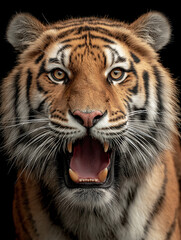 Fototapeta premium Tiger snarls on a black background. Ferocious close-up reveals bared teeth and a wide open mouth.