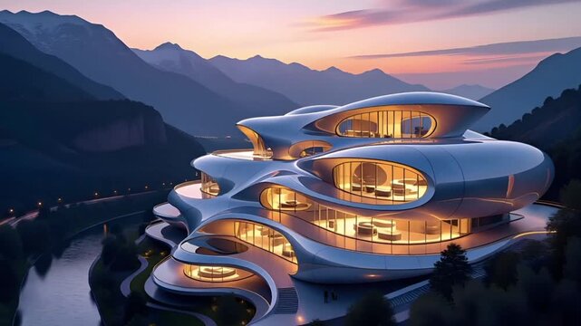 A futuristic multi-layer building with smooth curved forms made from basalt fiber and composite materials.