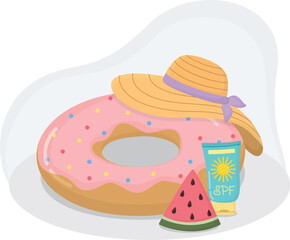 Bright summer still life with inflatable swim ring, straw hat, sunscreen lotion and juicy watermelon slice. Sunny beach vibes illustration