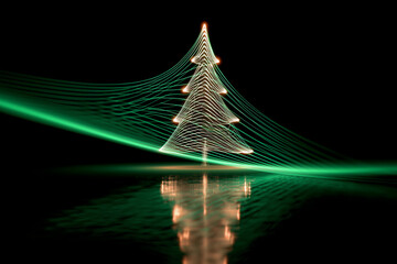 Futuristic neon digital Christmas tree on dark background.
