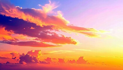 Fototapeta premium A dramatic sunset sky filled with colorful clouds, showcasing a beautiful gradient of orange, pink, purple, yellow, and blue.