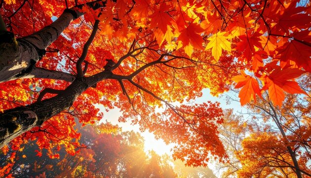 Looking up through a canopy of bright red and orange maple leaves with the sun shining through the branches.