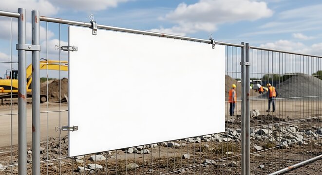 information board with white blank mockup on metal fence of construction site side view
