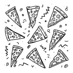 seamless pattern with black and white icons of pizza pieces hand drawn doodlw style 