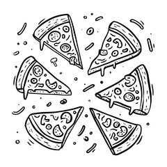 seamless pattern with black and white icons of pizza pieces hand drawn doodlw style 
