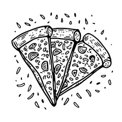 seamless pattern with black and white icons of pizza pieces hand drawn doodlw style 